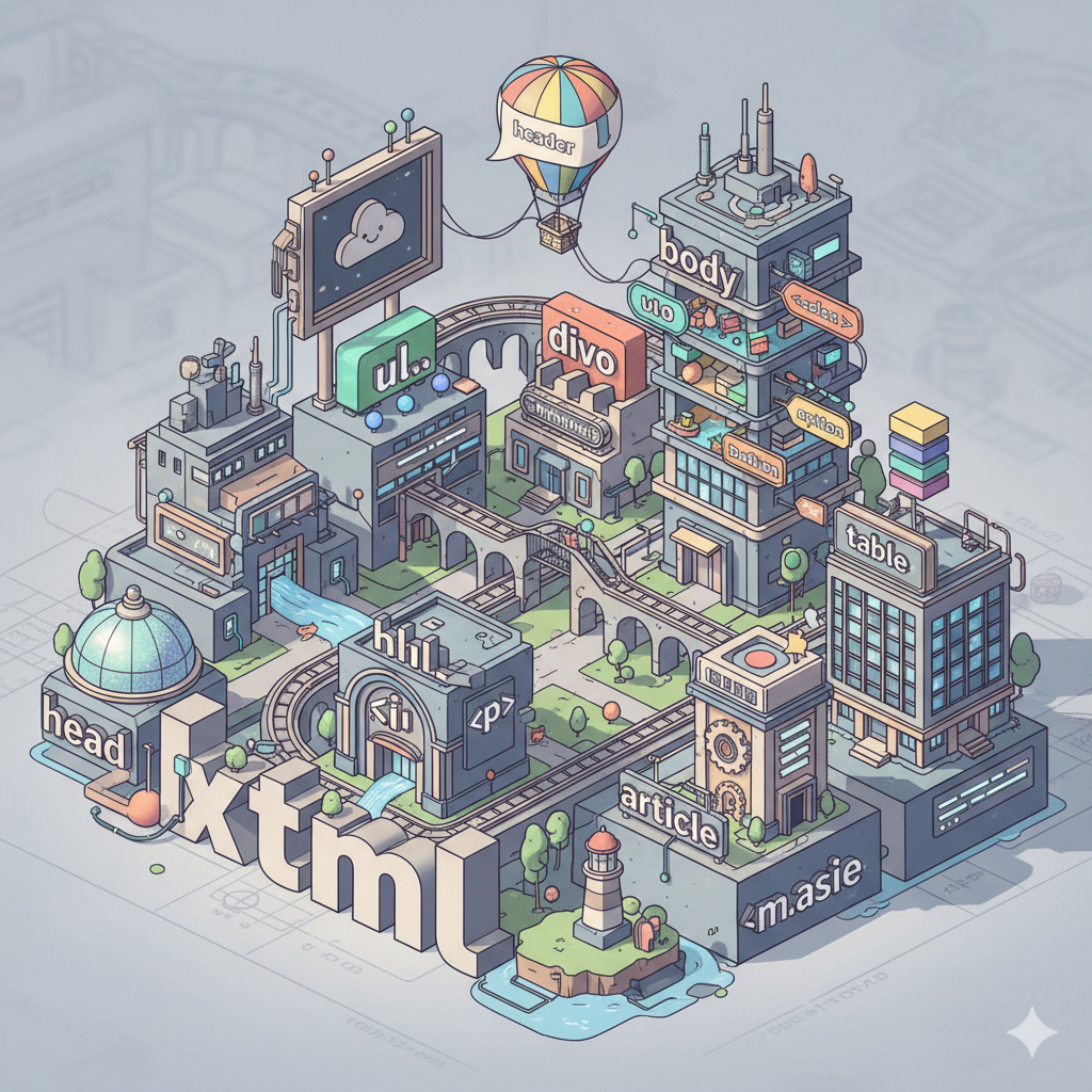 An image of a town marked with the many HTML elements as business signs